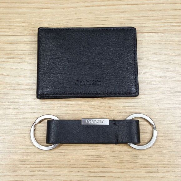 CALVIN KLEIN Mens Wallet Black Leather Single Fold Card Holder Matching Keychain - Picture 1 of 5